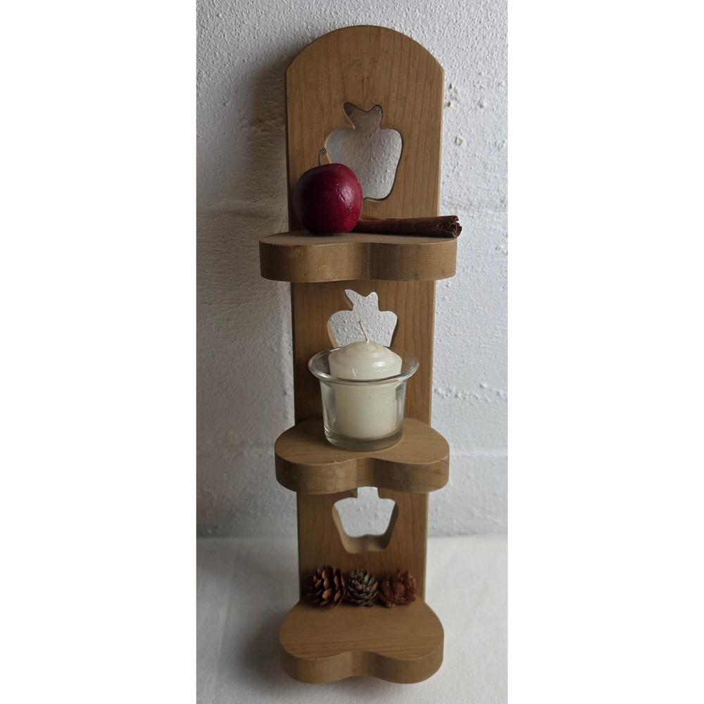 Vintage Wood Apple Cutout Wall Shelf 3 Tier Heart Shaped Display Farmhouse Small
